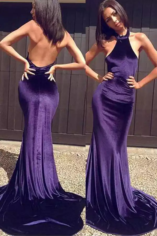 Luxurious Deep Purple Velvet Mermaid Gown with Halter Neck & Open Back