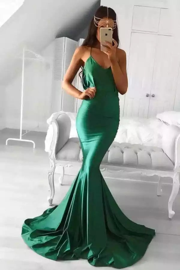 Luxurious Emerald Green Satin Mermaid Gown with Plunge V-Neck & Open Back