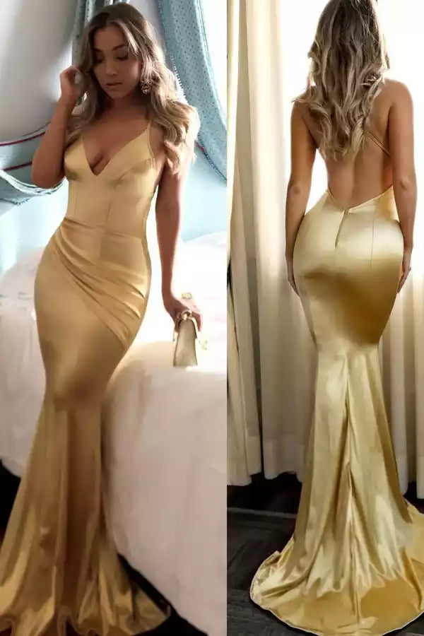 Luxurious Gold Satin Mermaid Gown with Plunge V-Neck & Open Back