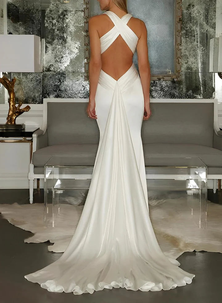 Luxurious Ivory Halter Deep V-Neck Twist Front Cross-Back Mermaid Floor-Length Wedding Dress with Chapel Train