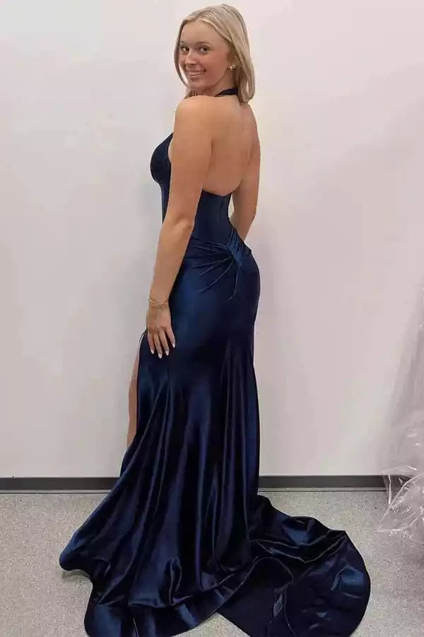 Luxurious Navy Blue Satin Mermaid Gown with Halter Neck & Open Back