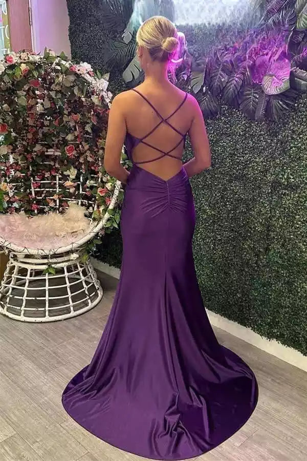 Luxurious Plum Satin Mermaid Gown with Sweetheart Neck & Criss-Cross Back