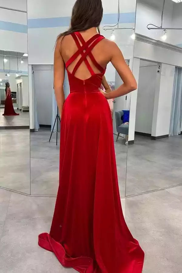Luxurious Red Velvet A-Line Gown with Plunge V-Neck & Criss-Cross Back