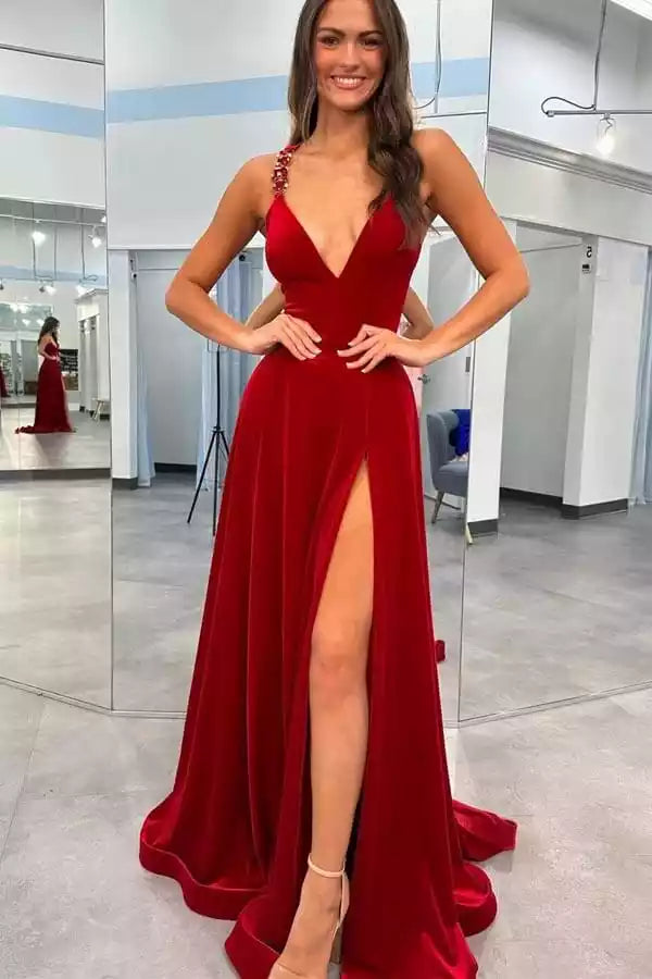 Luxurious Red Velvet A-Line Gown with Plunge V-Neck & Criss-Cross Back