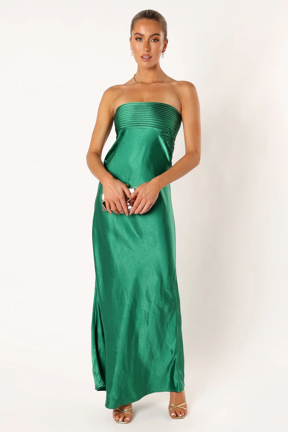 Luxurious Satin Column Strapless Pleated Bust Sleeveless Solid Back Maxi Evening Dress