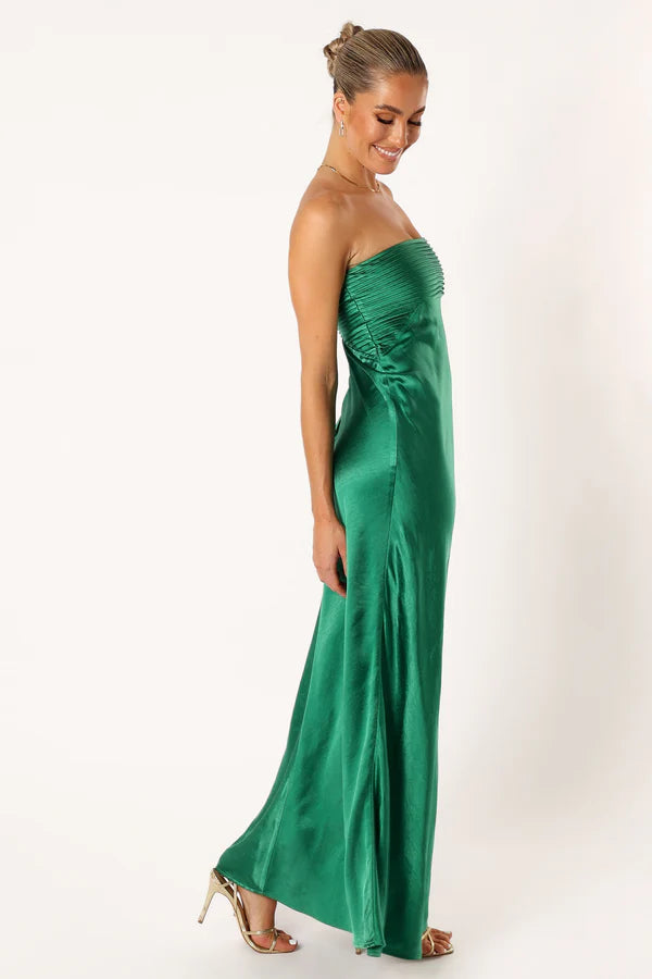 Luxurious Satin Column Strapless Pleated Bust Sleeveless Solid Back Maxi Evening Dress