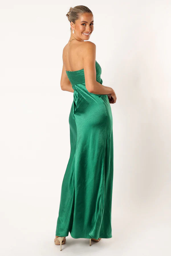 Luxurious Satin Column Strapless Pleated Bust Sleeveless Solid Back Maxi Evening Dress