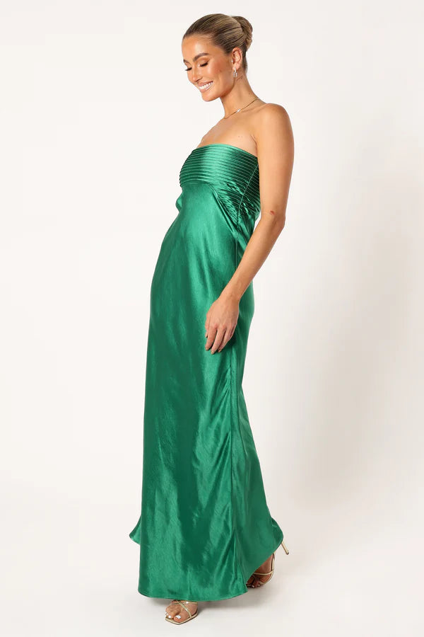 Luxurious Satin Column Strapless Pleated Bust Sleeveless Solid Back Maxi Evening Dress