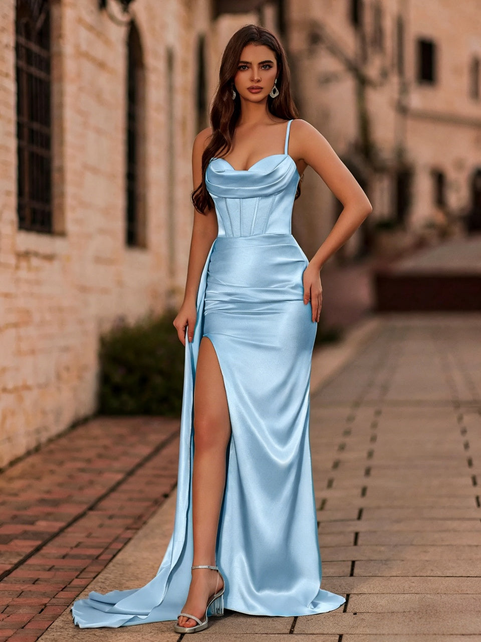 Luxurious Satin Mermaid Spaghetti-Strap Cowl-Neck Corset-Bodice Slit Floor Length Evening Dress