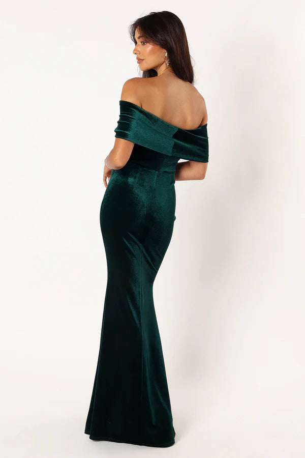 Luxurious Velvet Off The Shoulder Short Sleeve Solid Backless Mermaid Maxi Evening Dress