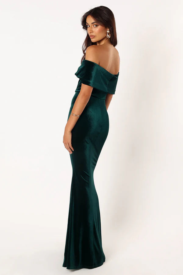 Luxurious Velvet Off The Shoulder Short Sleeve Solid Backless Mermaid Maxi Evening Dress