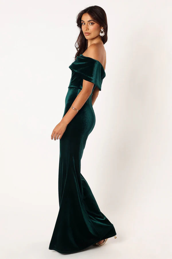 Luxurious Velvet Off The Shoulder Short Sleeve Solid Backless Mermaid Maxi Evening Dress