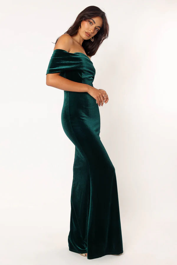 Luxurious Velvet Off The Shoulder Short Sleeve Solid Backless Mermaid Maxi Evening Dress