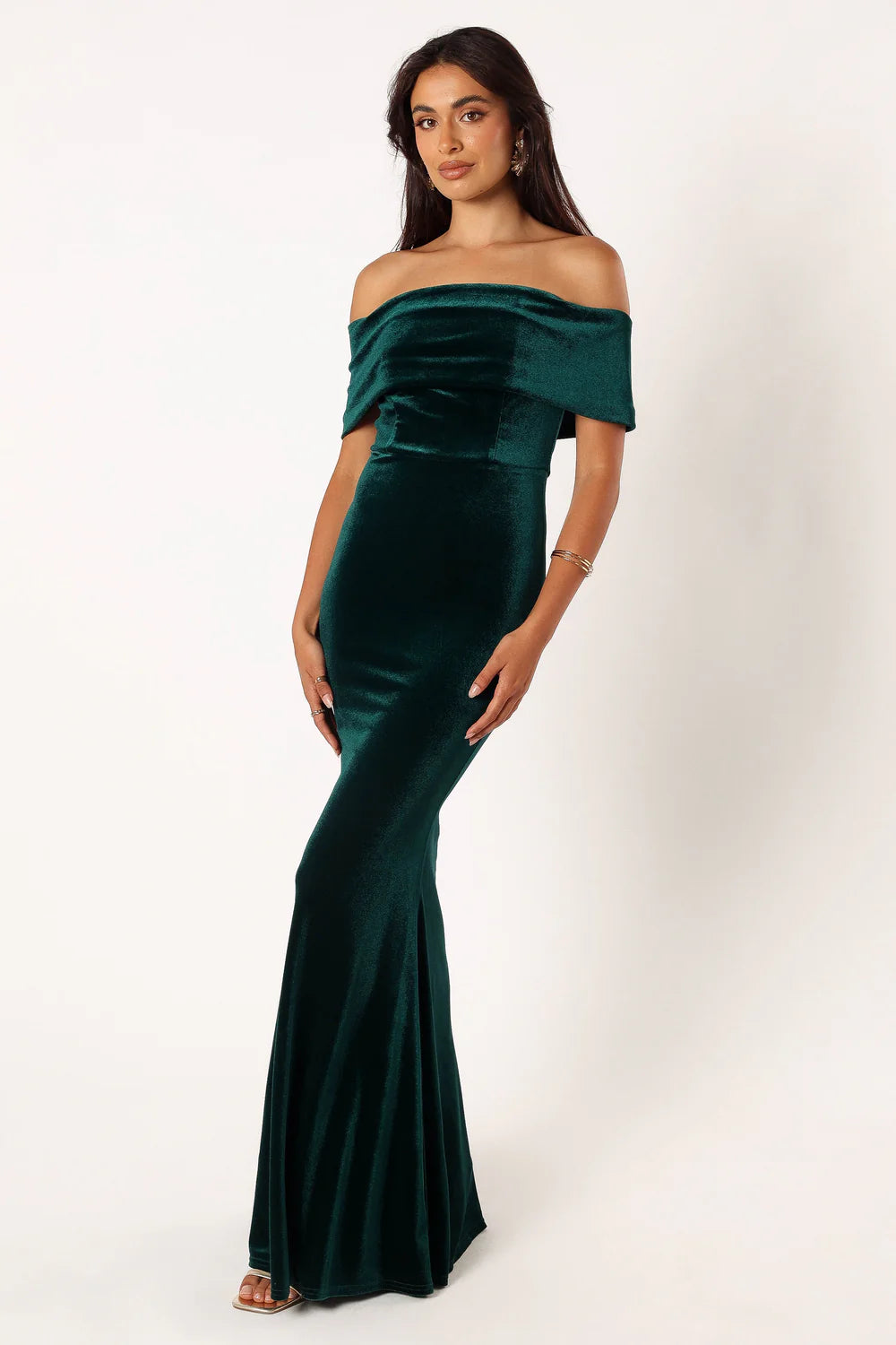 Luxurious Velvet Off The Shoulder Short Sleeve Solid Backless Mermaid Maxi Evening Dress