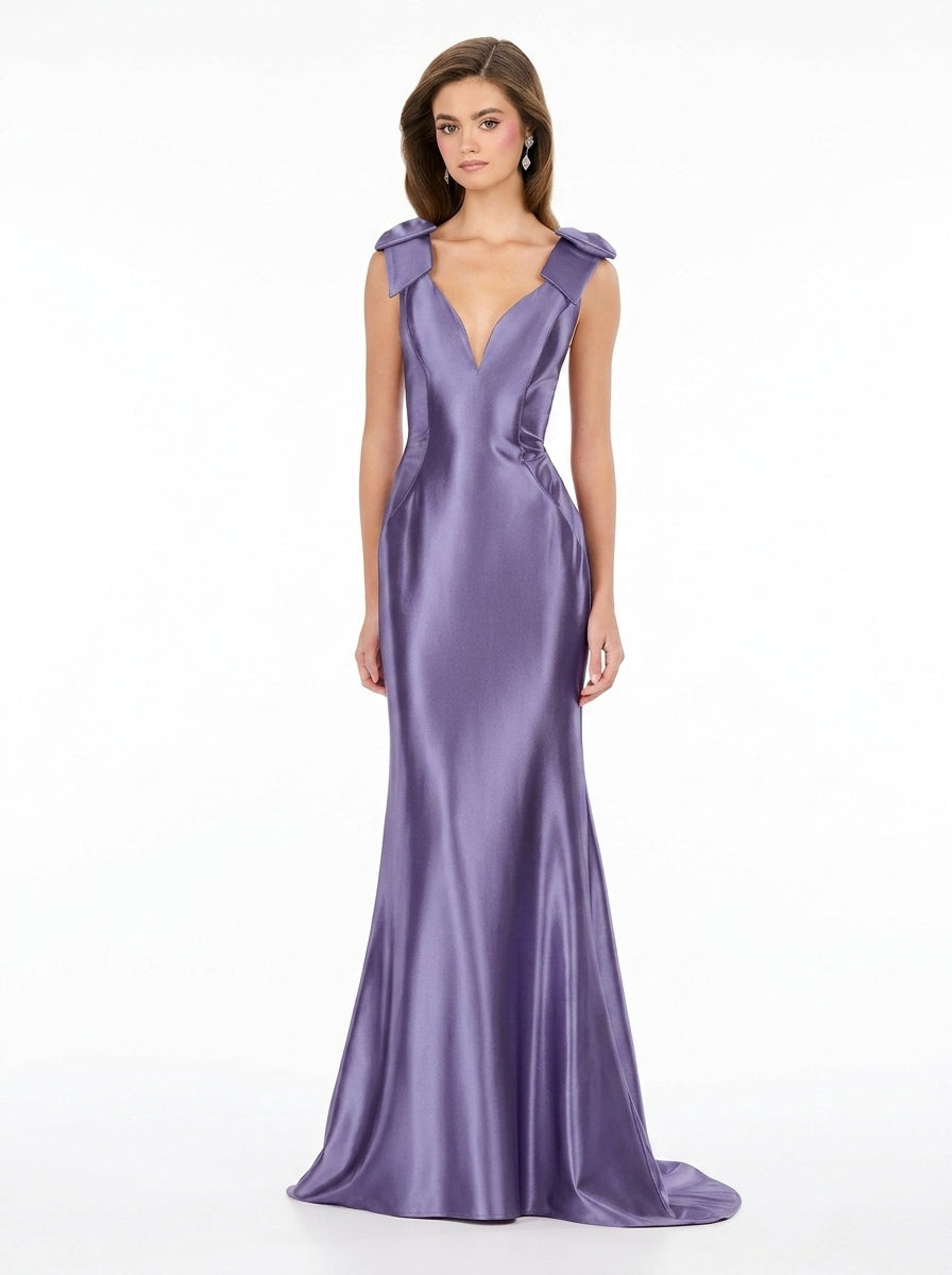 Luxurious Satin Mermaid Deep V-Neck Sleeveless Bow Shoulder Low V-Back Floor-Length Evening Dresses