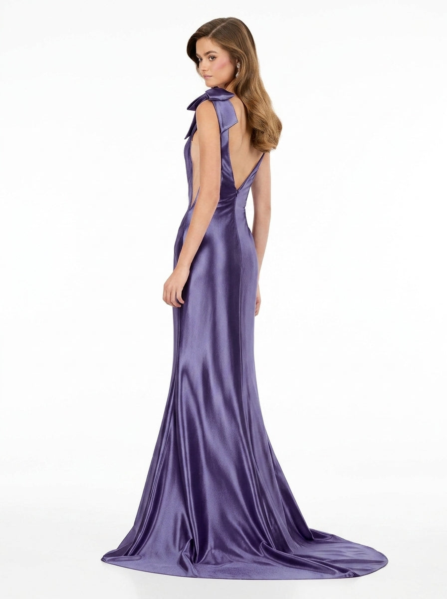 Luxurious Satin Mermaid Deep V-Neck Sleeveless Bow Shoulder Low V-Back Floor-Length Evening Dresses