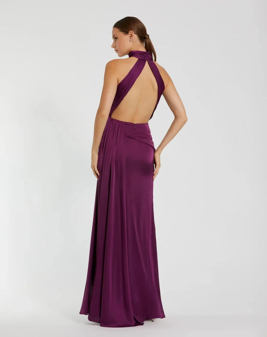 Luxurious Satin Sheath Halter Neck Sleeveless Open Back Floor-Length Evening Dresses