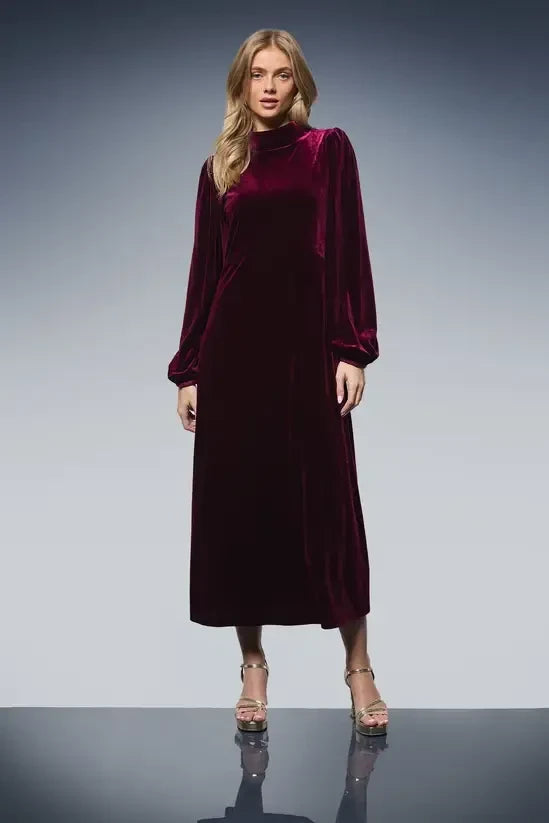 Luxurious Velvet Straight Mock Neck Long Puffed Sleeves Midi Evening Dresses