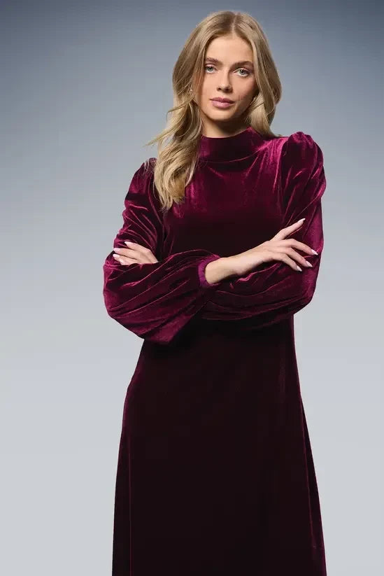 Luxurious Velvet Straight Mock Neck Long Puffed Sleeves Midi Evening Dresses