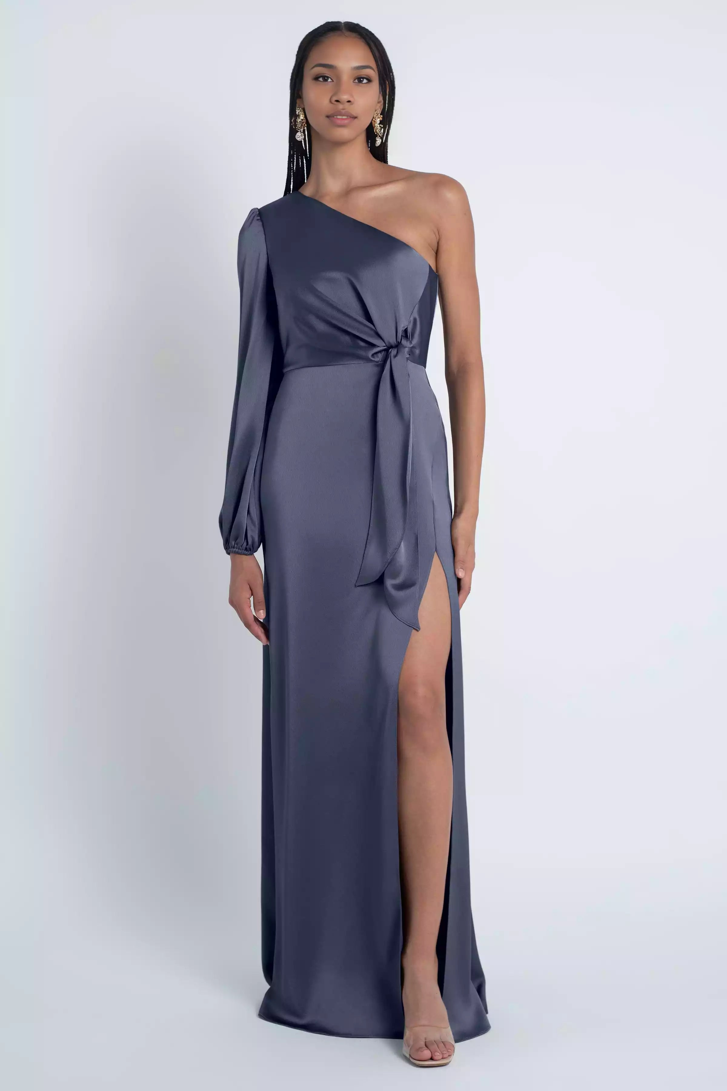 Luxurious satin single shoulder collar, waist cinching, and slit add exquisite Bridesmaid Dresses