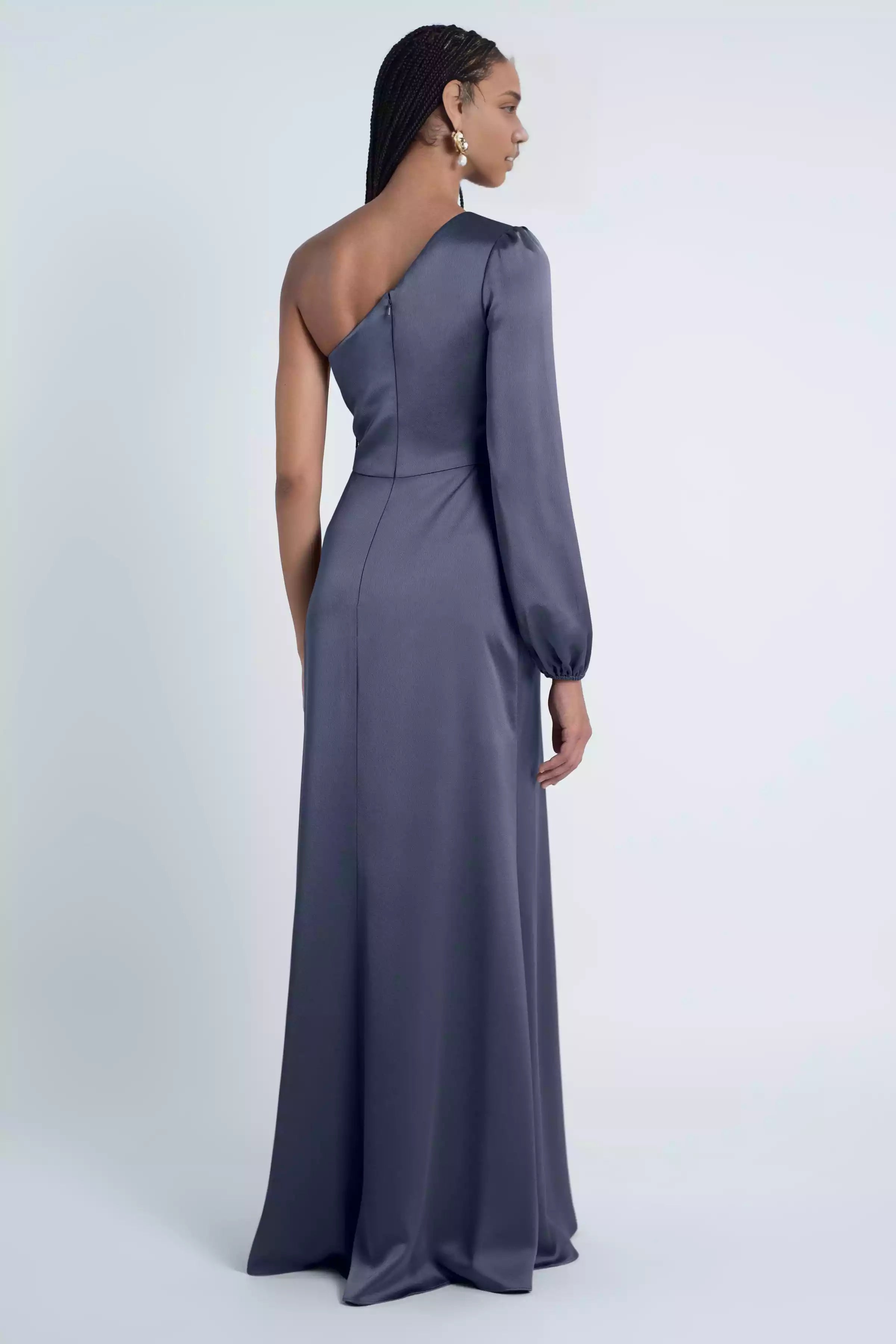 Luxurious satin single shoulder collar, waist cinching, and slit add exquisite Bridesmaid Dresses
