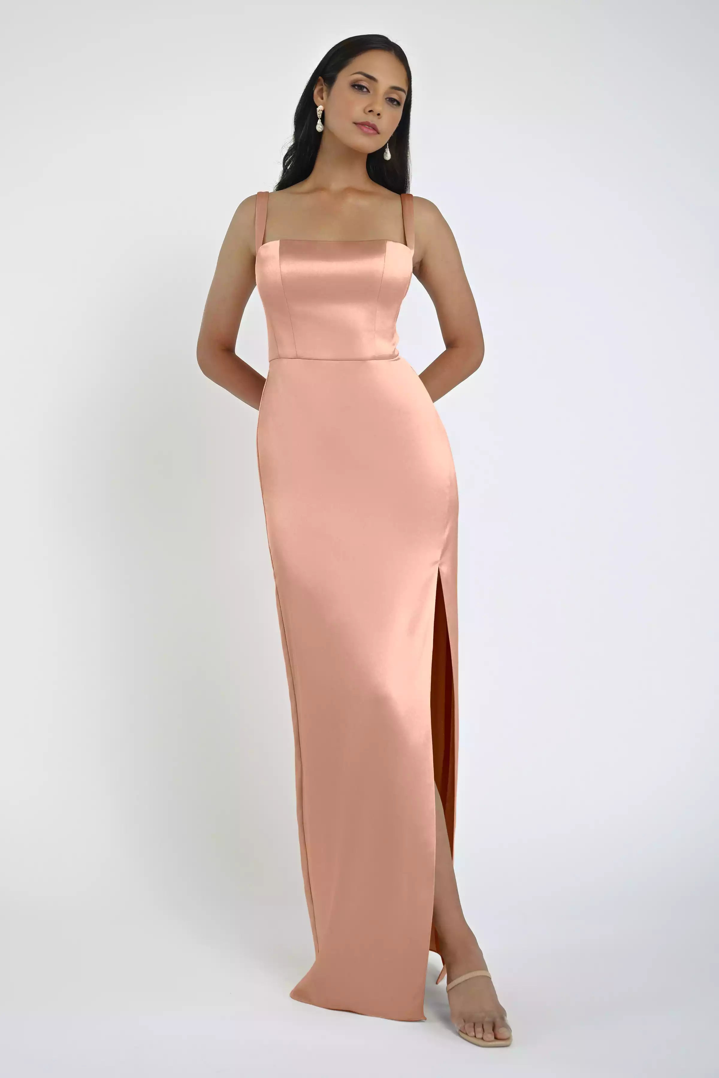 Luxurious satin square neckline with full charm, wide shoulder straps, natural waist seam, slit, back middle zipper Prom Dresses
