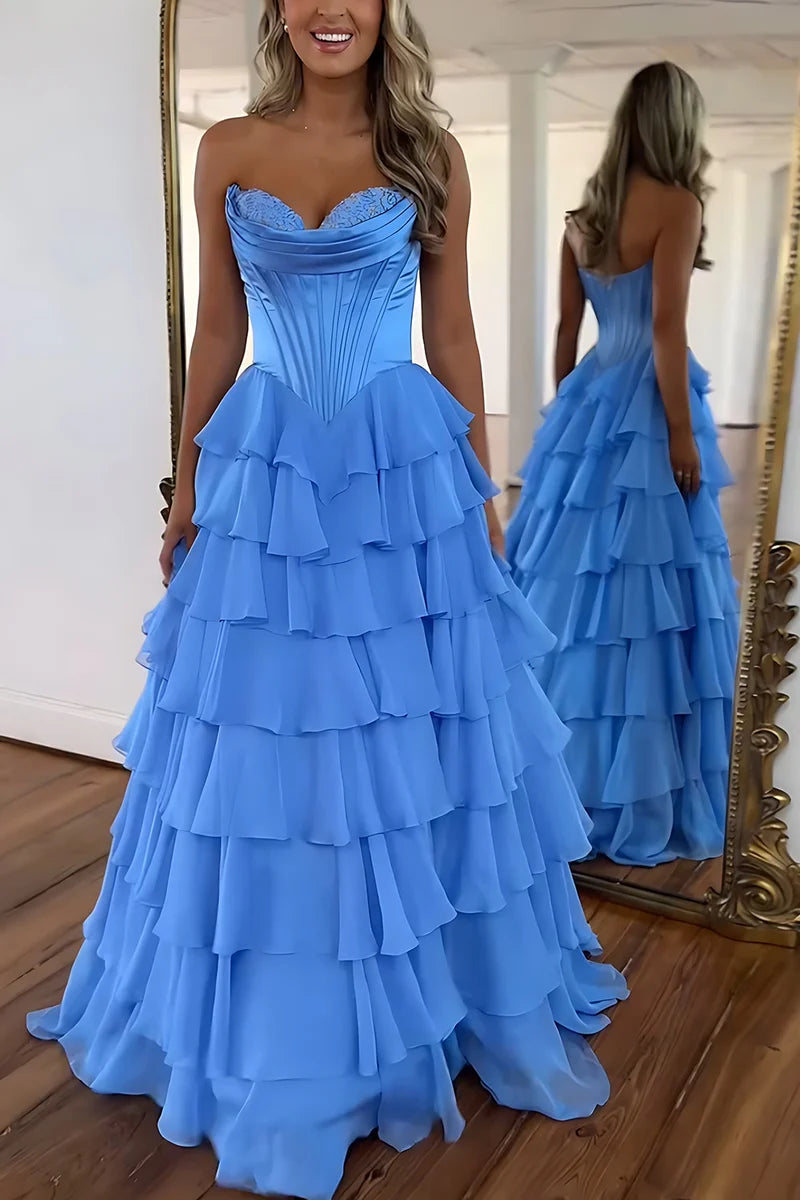 Luxury A-line Strapless Sweetheart Sleeveless Corset Back Tiered Ruffle Floor Length Evening Dress