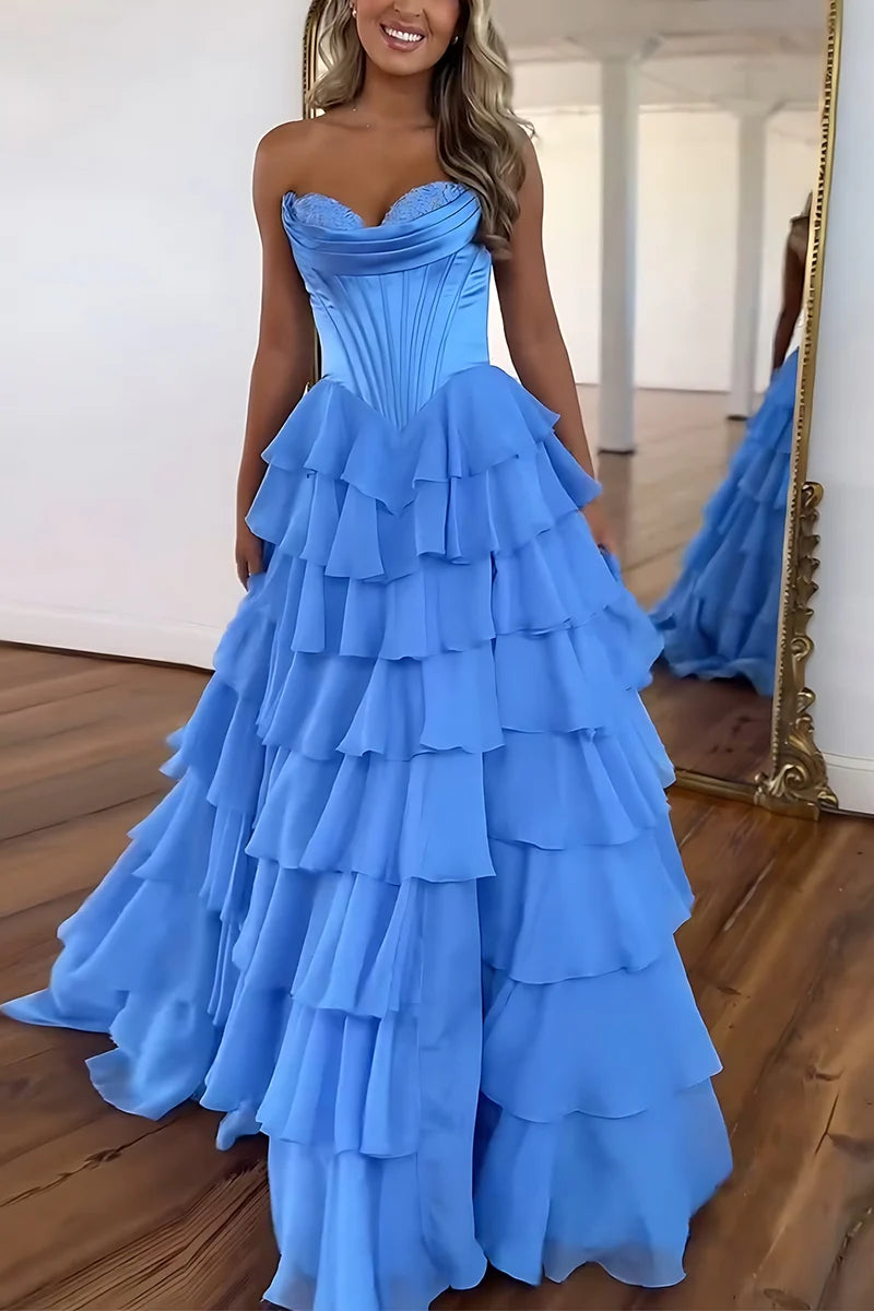 Luxury A-line Strapless Sweetheart Sleeveless Corset Back Tiered Ruffle Floor Length Evening Dress