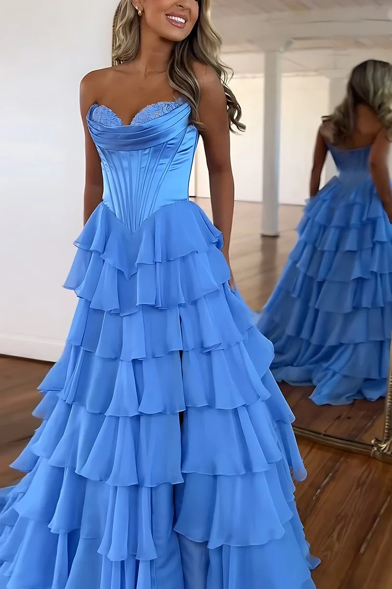 Luxury A-line Strapless Sweetheart Sleeveless Corset Back Tiered Ruffle Floor Length Evening Dress