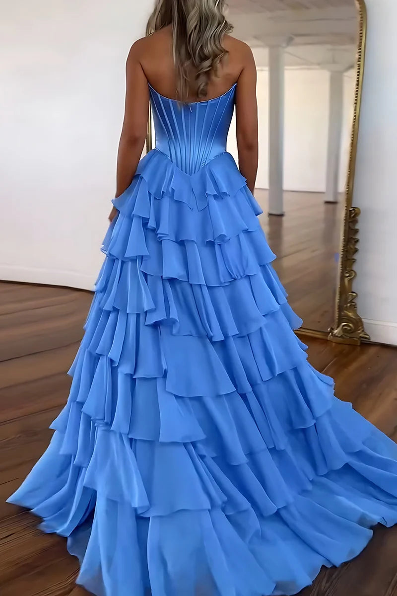 Luxury A-line Strapless Sweetheart Sleeveless Corset Back Tiered Ruffle Floor Length Evening Dress