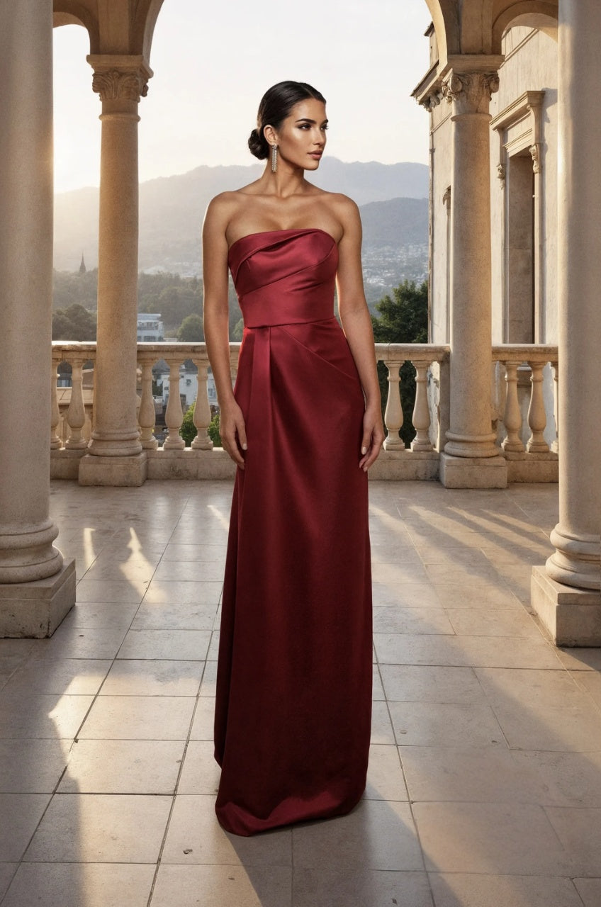 Luxury Burgundy Satin A-line Strapless Fold Neck Zipper Back Floor-length Mother of the Bride Dresses