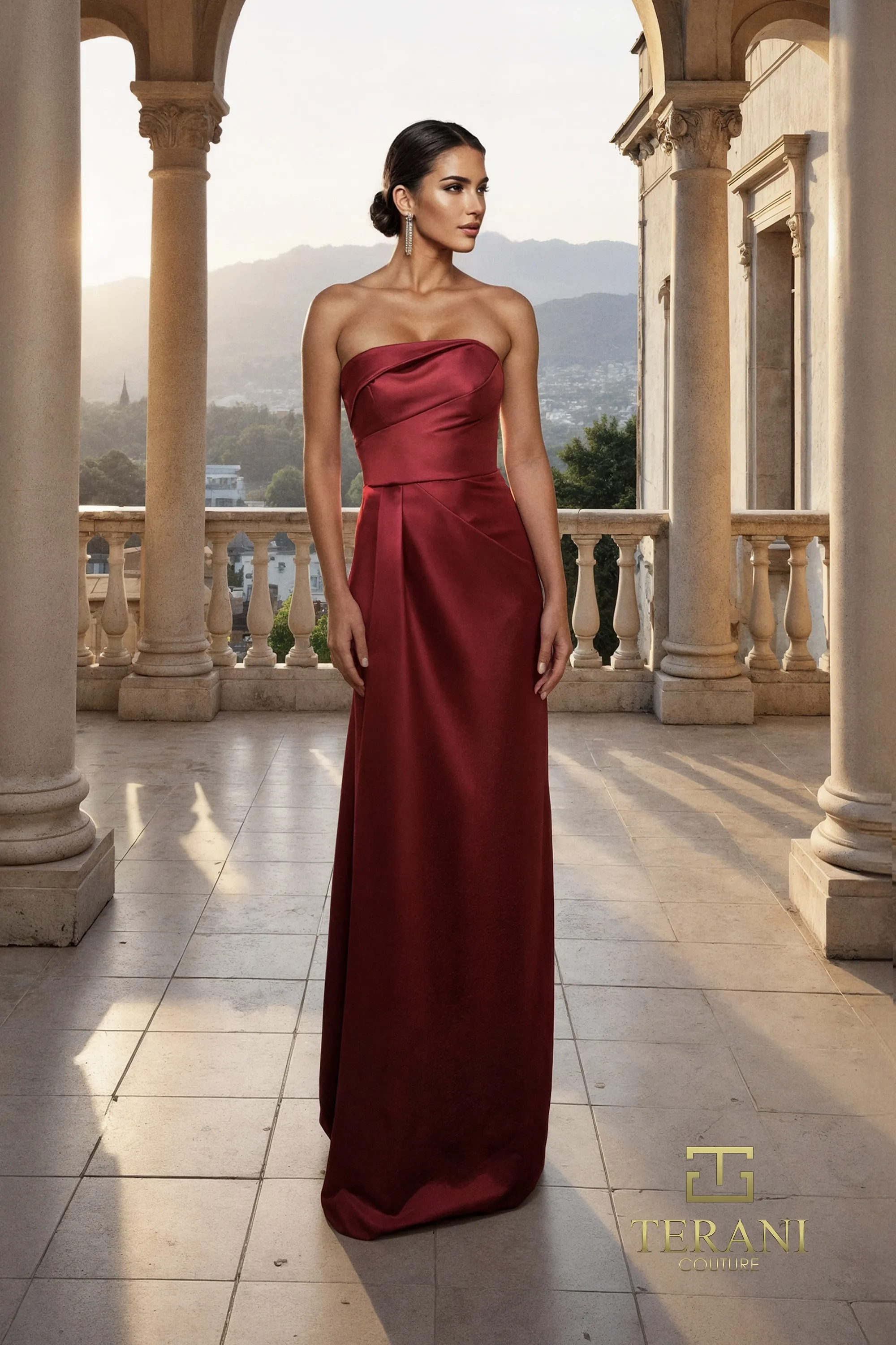 Luxury Burgundy Satin A-line Strapless Fold Neck Zipper Back Floor-length Mother of the Bride Dresses