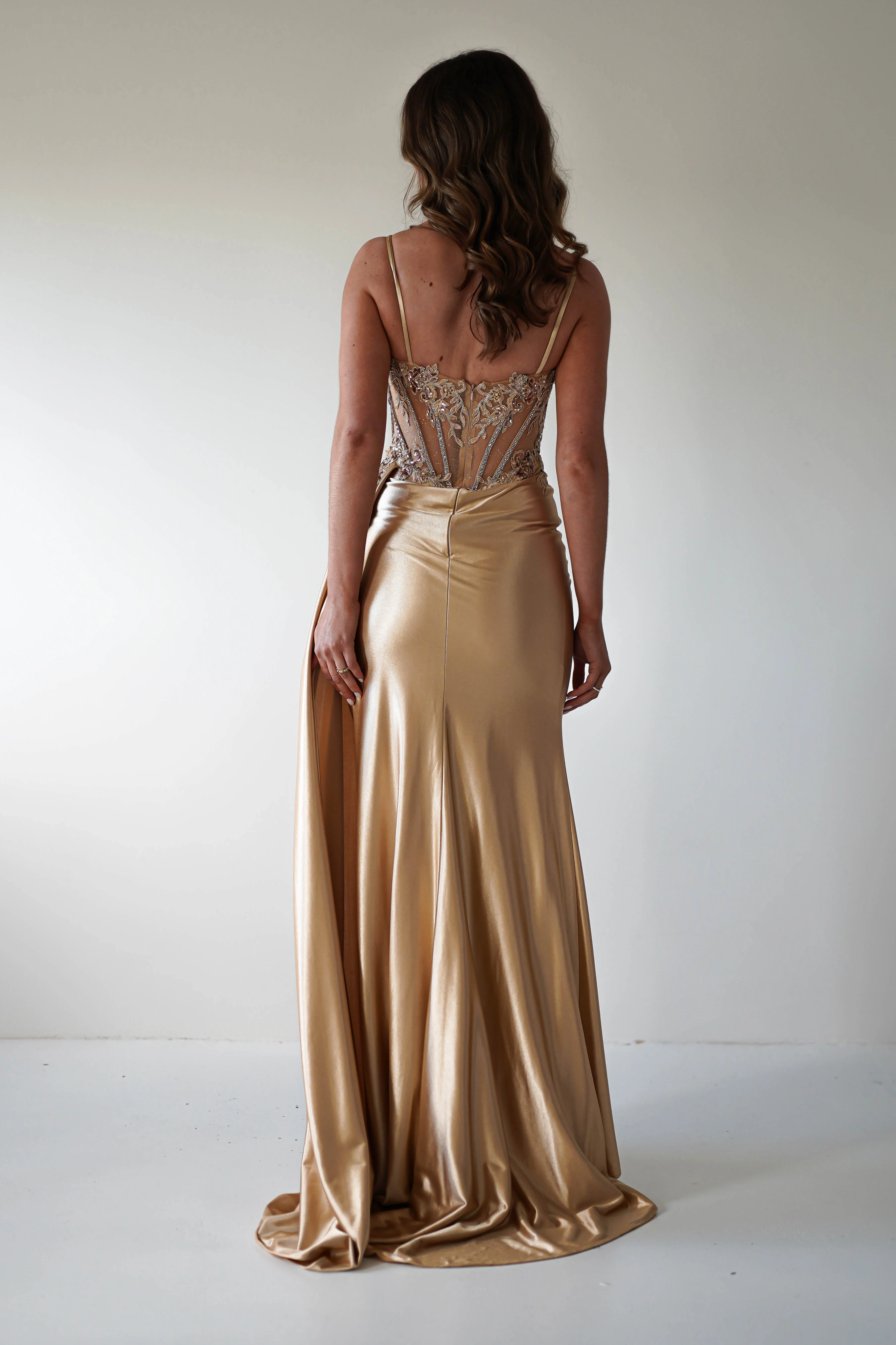 Luxury Champagne Satin Strapless Lace Applique Corset Slit Mermaid Evening Dresses