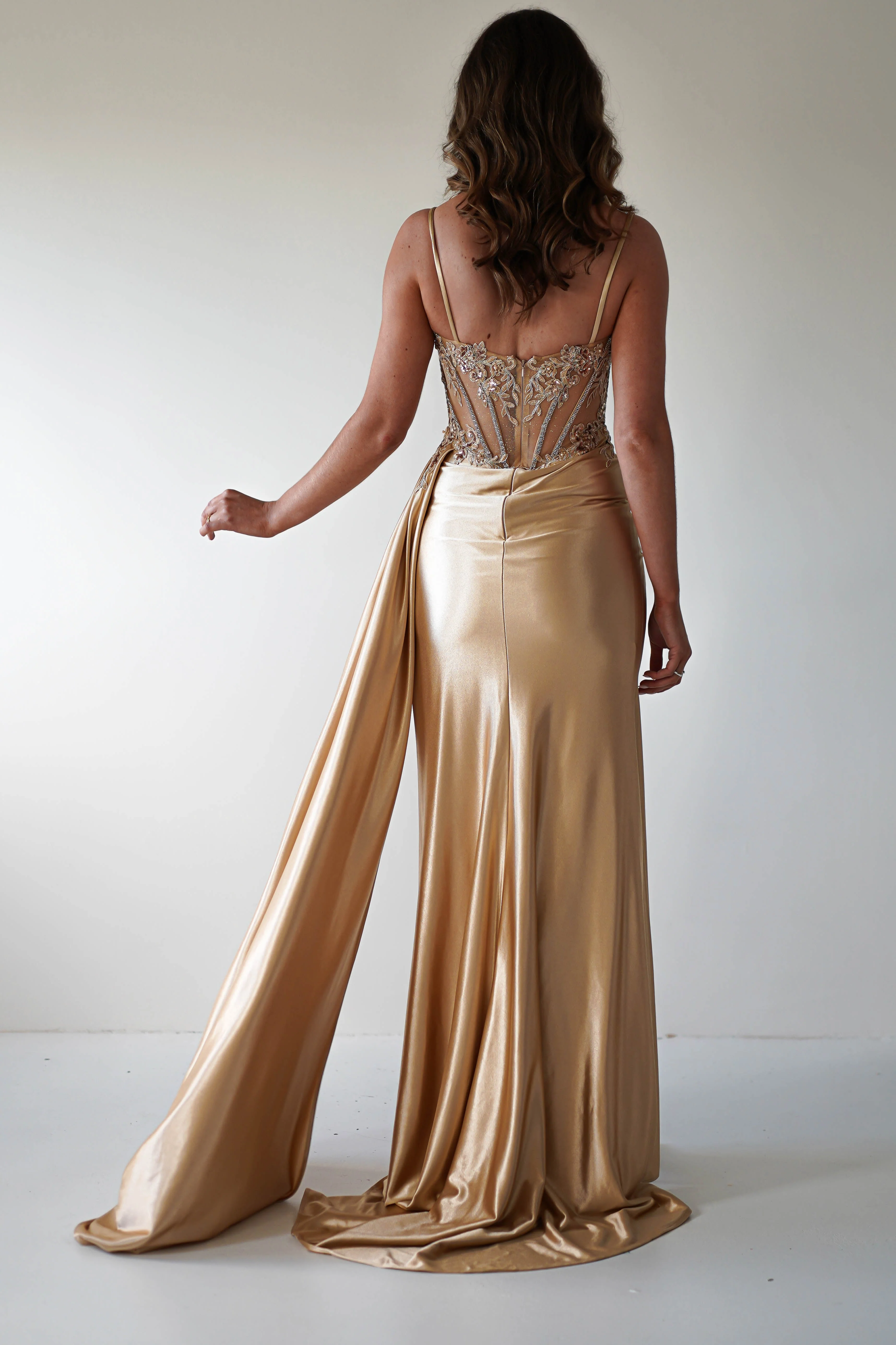 Luxury Champagne Satin Strapless Lace Applique Corset Slit Mermaid Evening Dresses