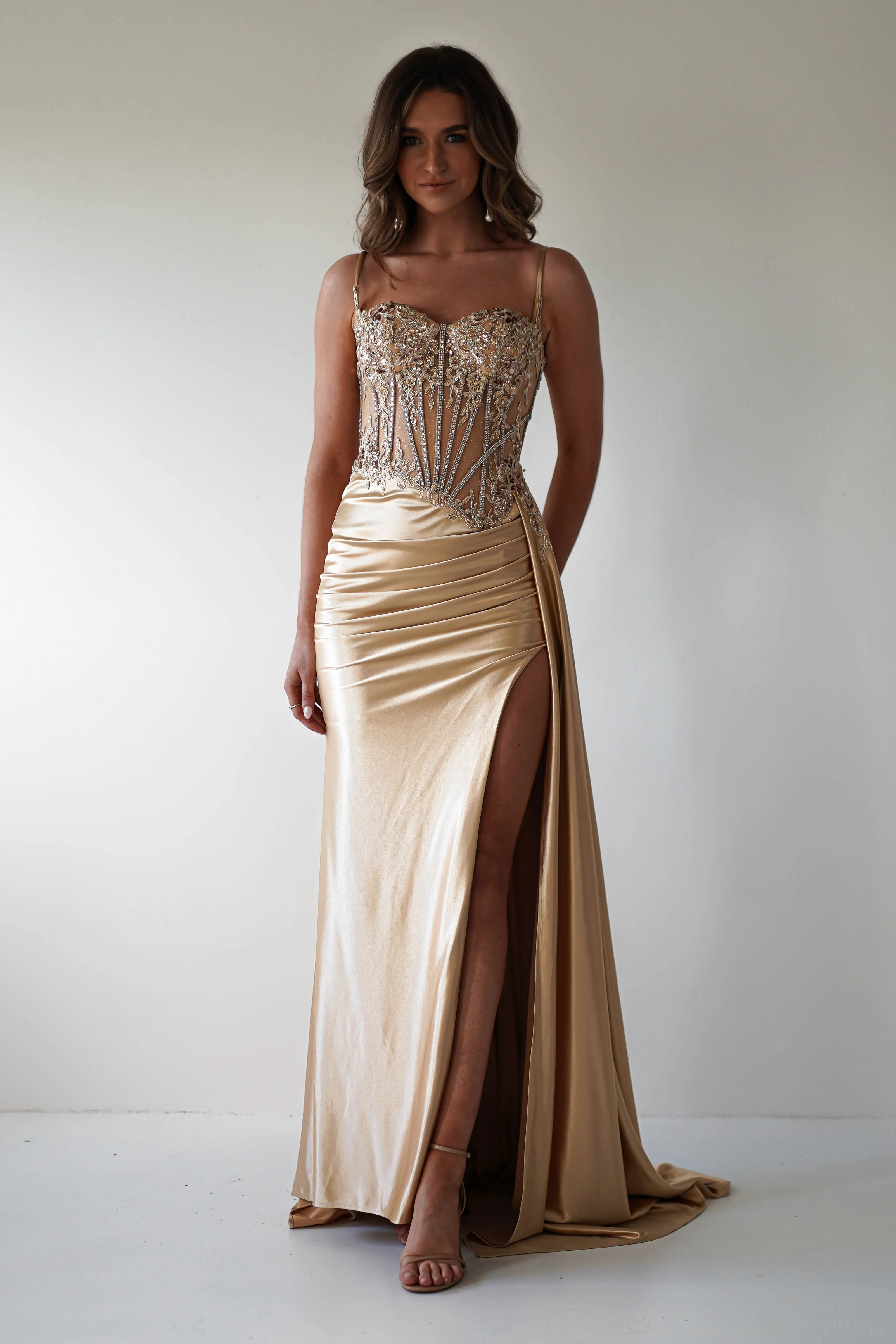 Luxury Champagne Satin Strapless Lace Applique Corset Slit Mermaid Evening Dresses