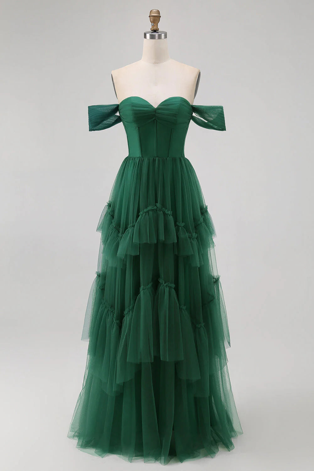 Luxury Fairy Fitted A-Line Off-the-Shoulder Back Lace-Up Floor-Length Tiered Tulle Evening Dresses