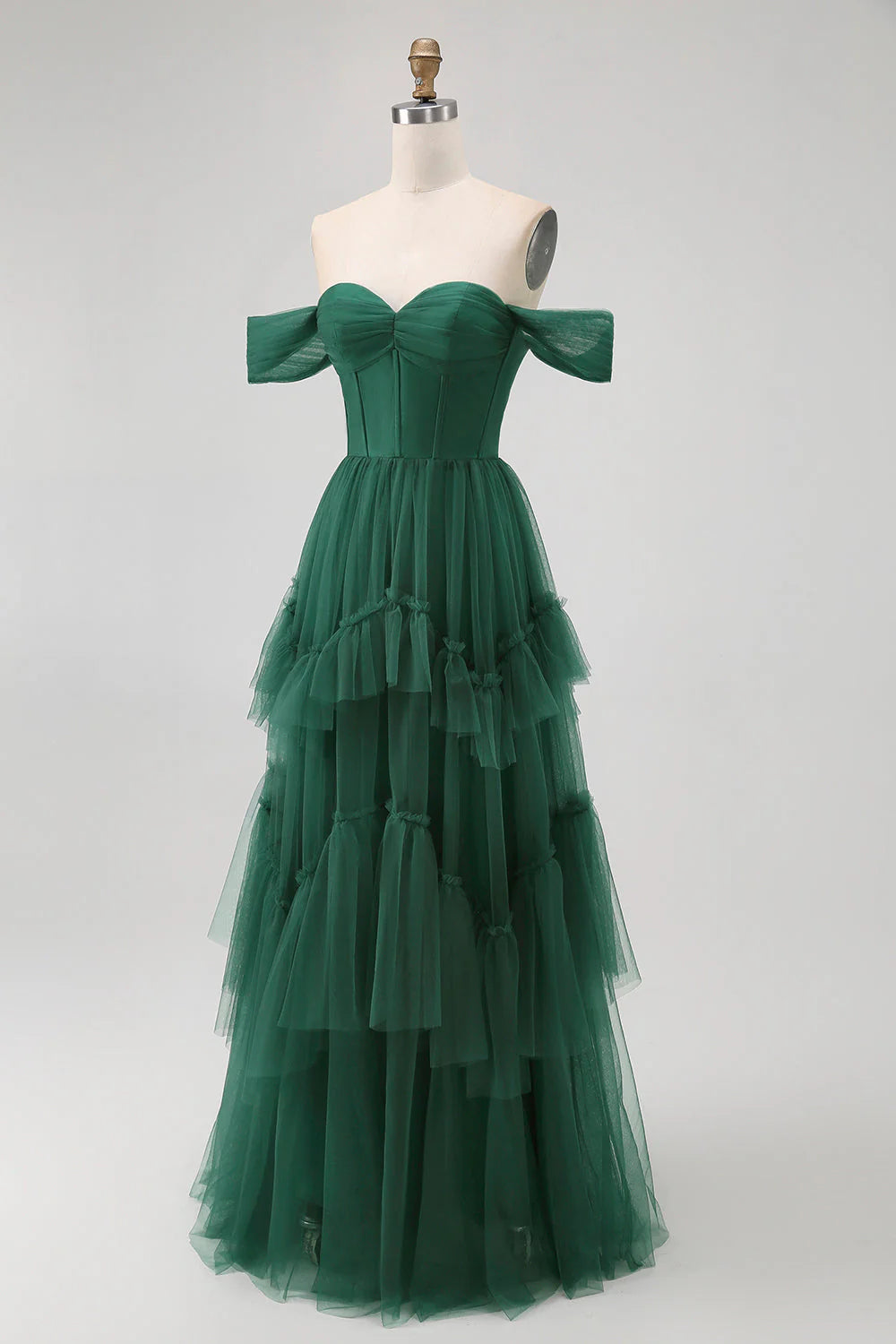 Luxury Fairy Fitted A-Line Off-the-Shoulder Back Lace-Up Floor-Length Tiered Tulle Evening Dresses