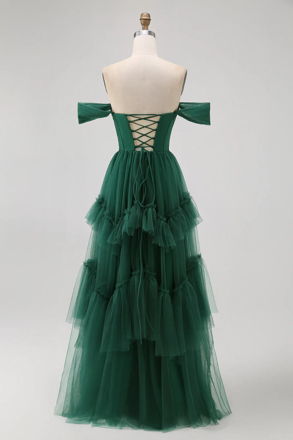 Luxury Fairy Fitted A-Line Off-the-Shoulder Back Lace-Up Floor-Length Tiered Tulle Evening Dresses