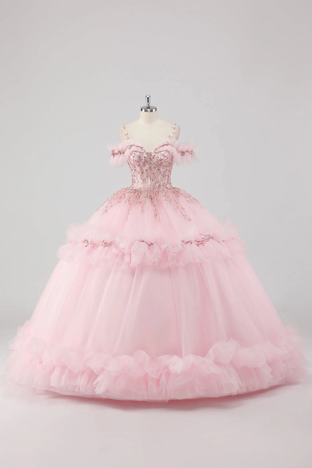 Luxury Fairy Fitted Ball Gown Spaghetti Strap Back Lace-Up Floor-Length Ruffled Applique Prom Dresses
