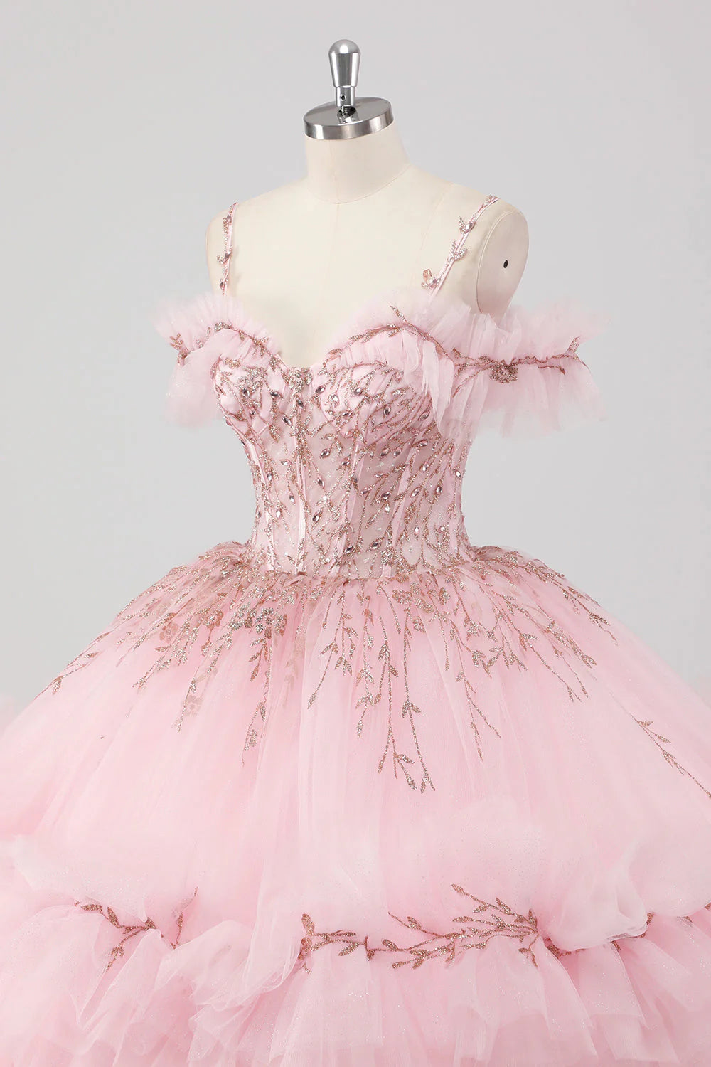 Luxury Fairy Fitted Ball Gown Spaghetti Strap Back Lace-Up Floor-Length Ruffled Applique Prom Dresses