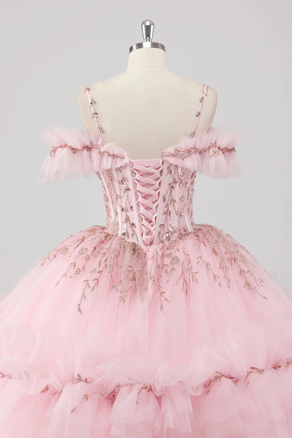 Luxury Fairy Fitted Ball Gown Spaghetti Strap Back Lace-Up Floor-Length Ruffled Applique Prom Dresses