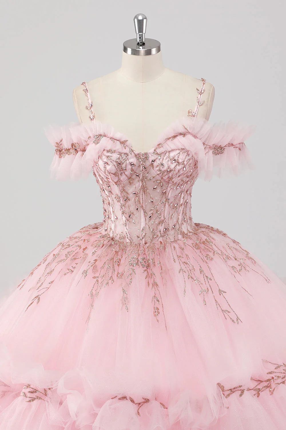 Luxury Fairy Fitted Ball Gown Spaghetti Strap Back Lace-Up Floor-Length Ruffled Applique Prom Dresses