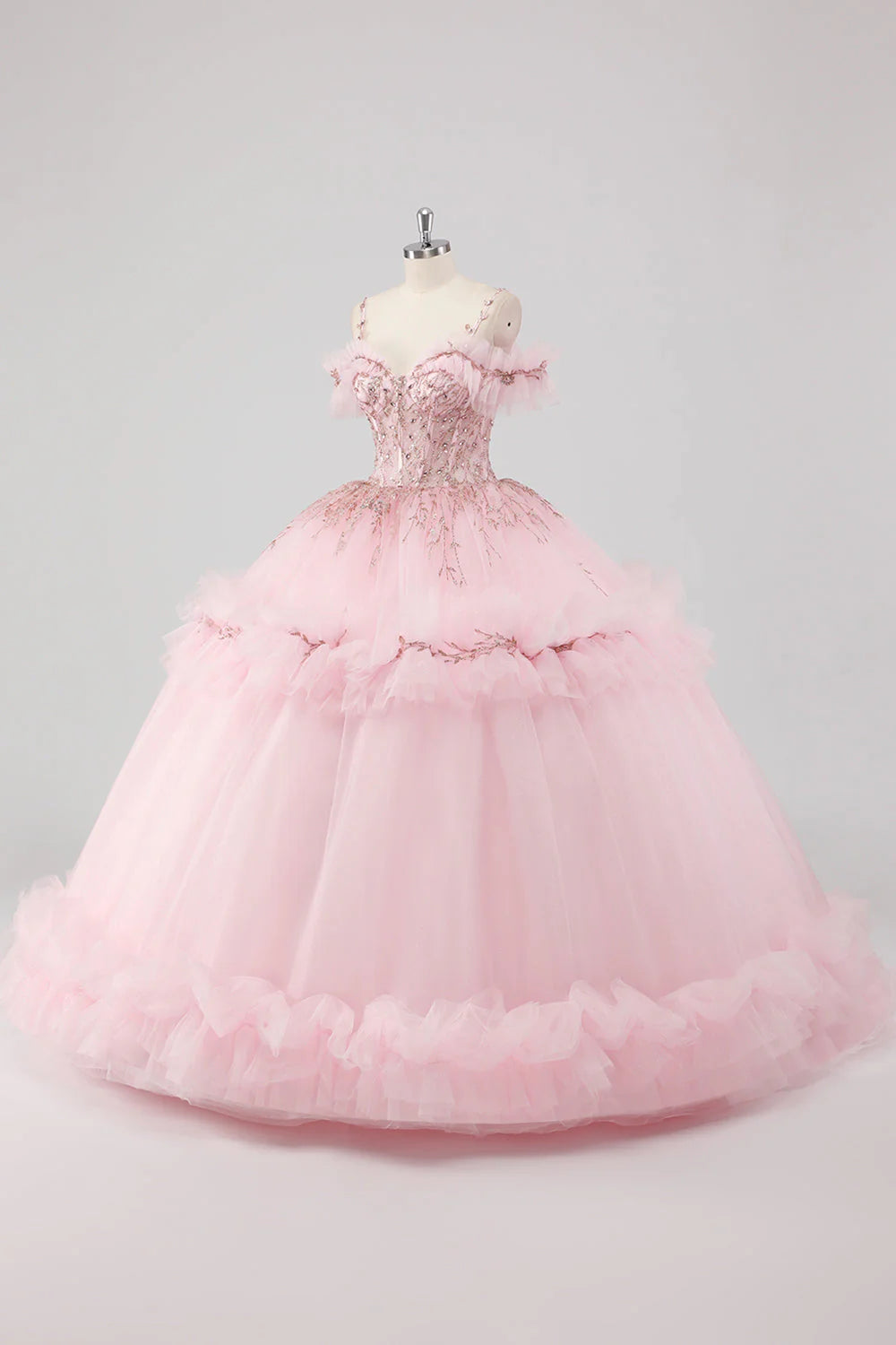 Luxury Fairy Fitted Ball Gown Spaghetti Strap Back Lace-Up Floor-Length Ruffled Applique Prom Dresses
