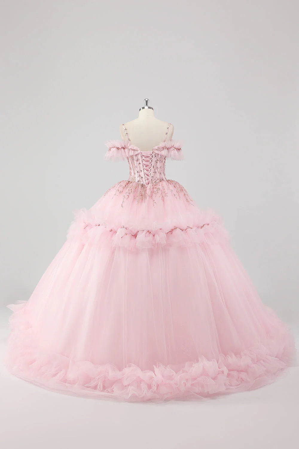 Luxury Fairy Fitted Ball Gown Spaghetti Strap Back Lace-Up Floor-Length Ruffled Applique Prom Dresses