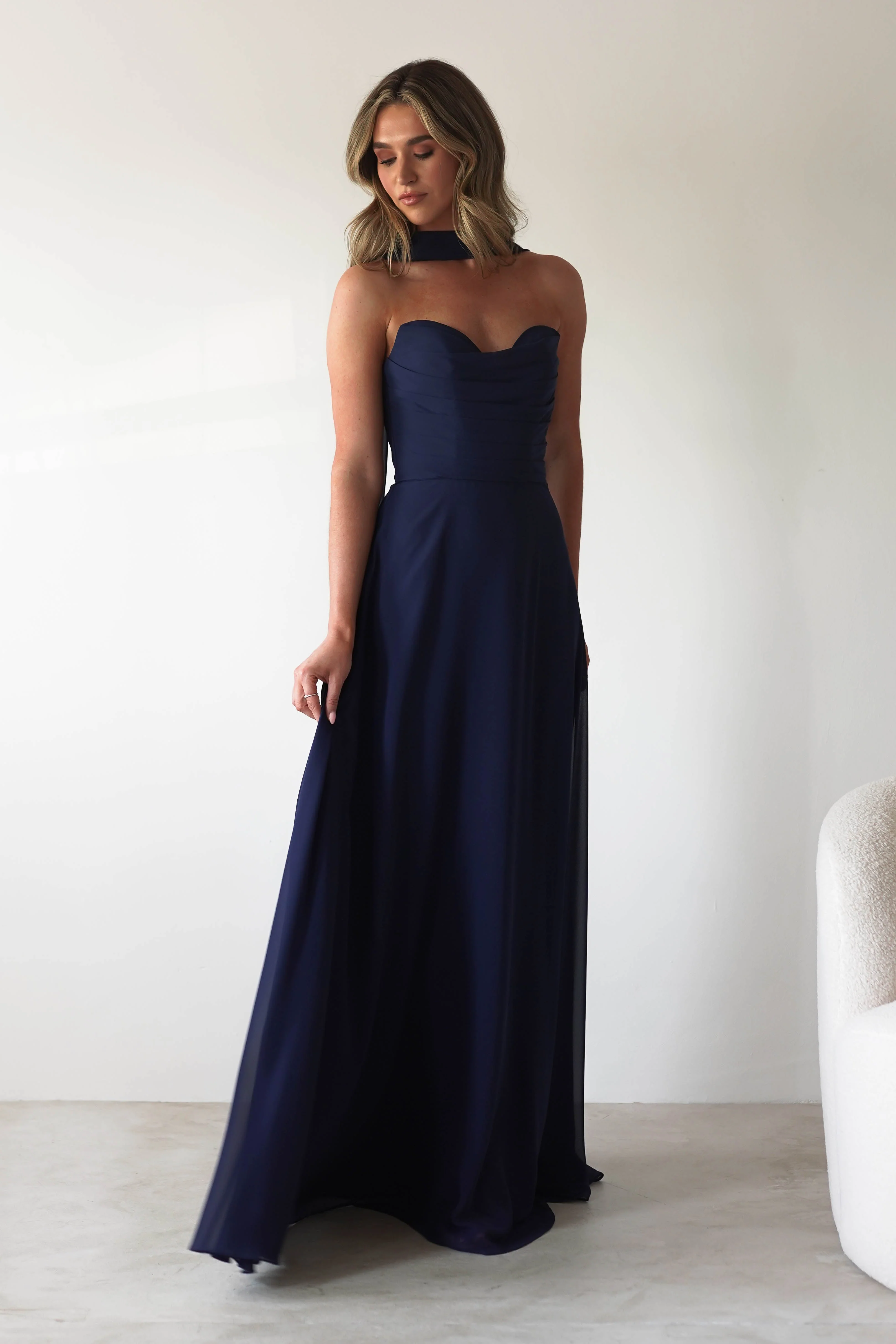 Luxury Navy Satin Strapless Halter-Neck Ruched Lace-Up Back Mermaid Evening Dresses