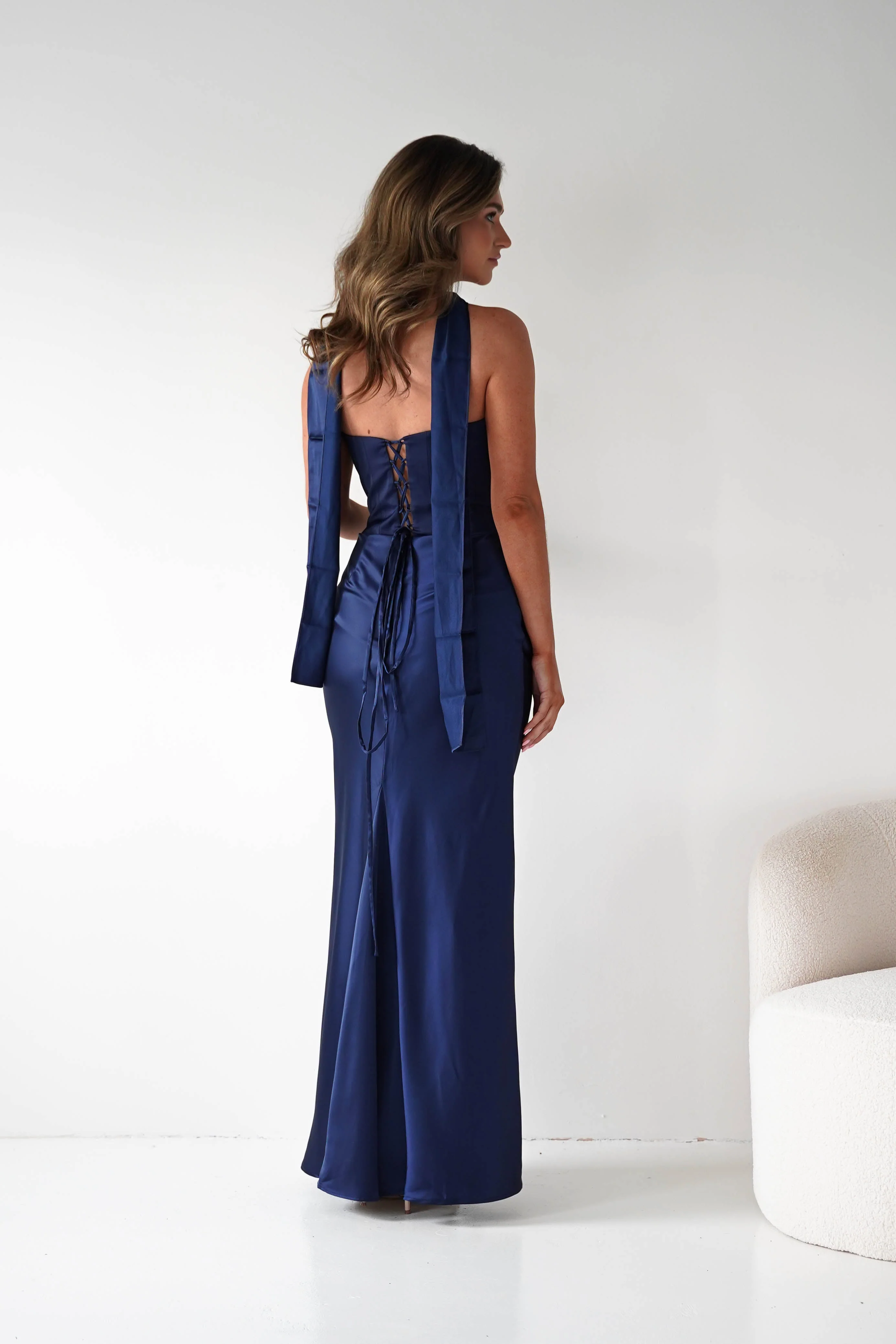 Luxury Navy Satin Strapless Halter-Neck Ruched Lace-Up Back Mermaid Evening Dresses