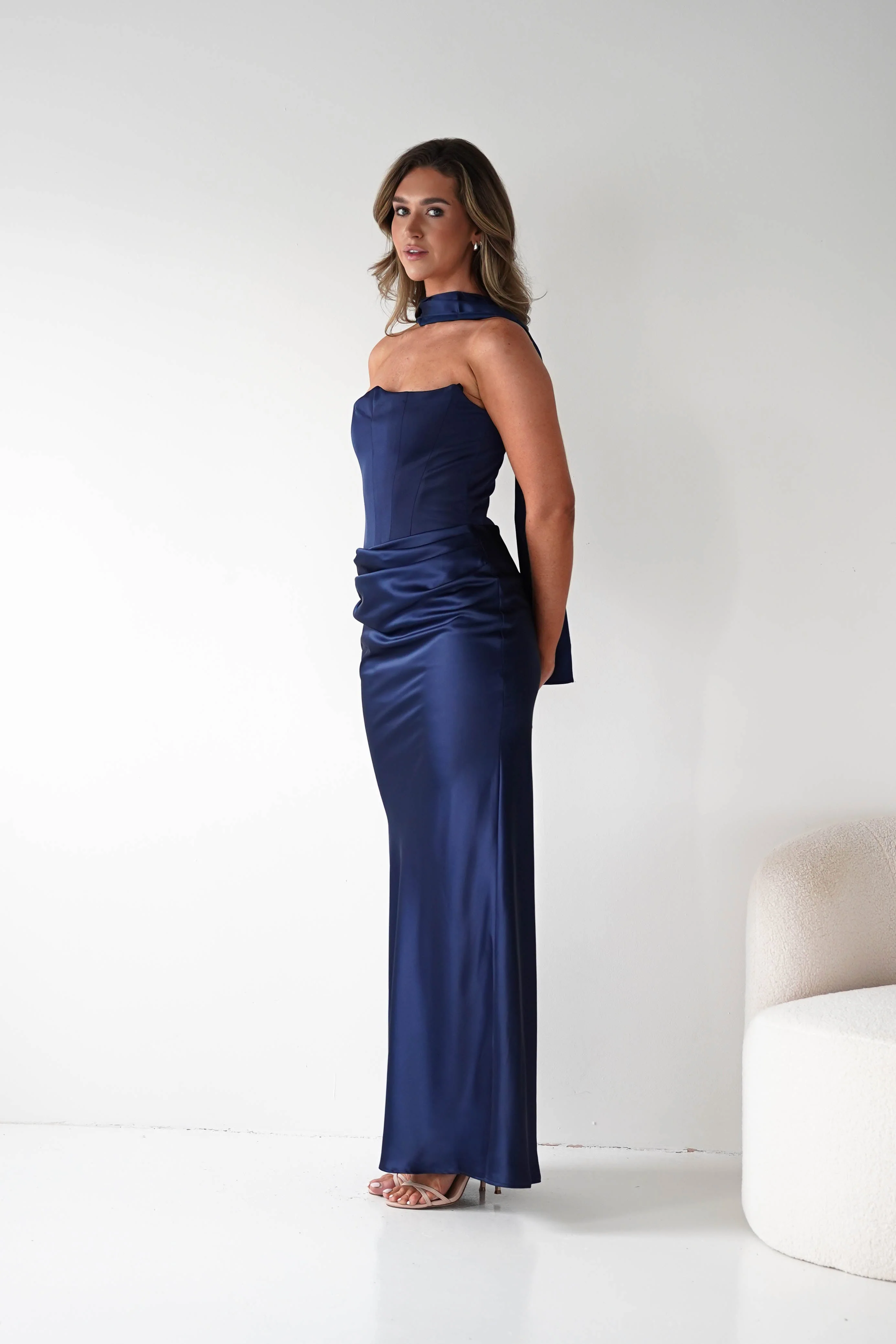 Luxury Navy Satin Strapless Halter-Neck Ruched Lace-Up Back Mermaid Evening Dresses