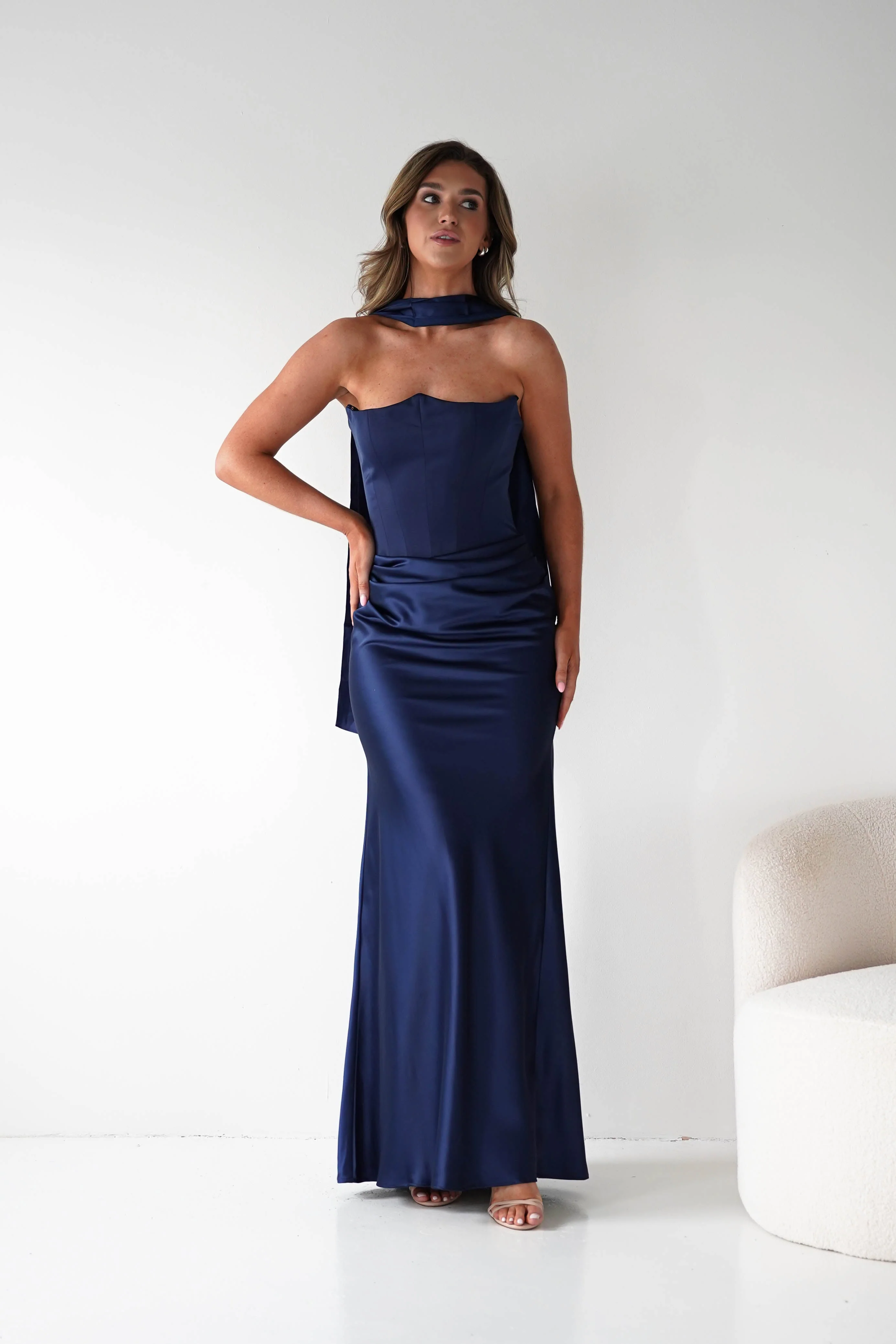 Luxury Navy Satin Strapless Halter-Neck Ruched Lace-Up Back Mermaid Evening Dresses