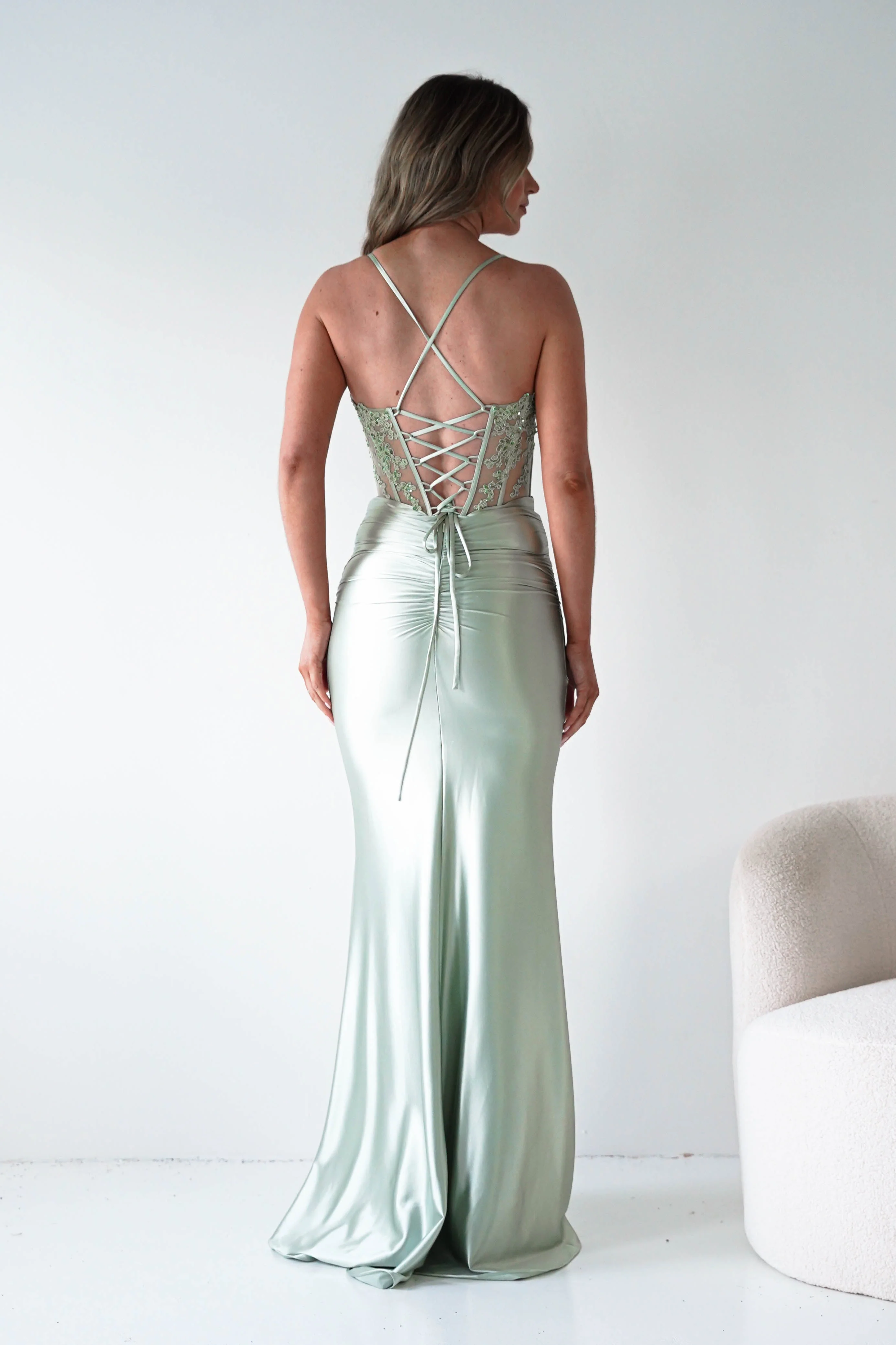 Luxury Sage Green Satin Strapless Lace Applique Corset Slit Mermaid Evening Dresses