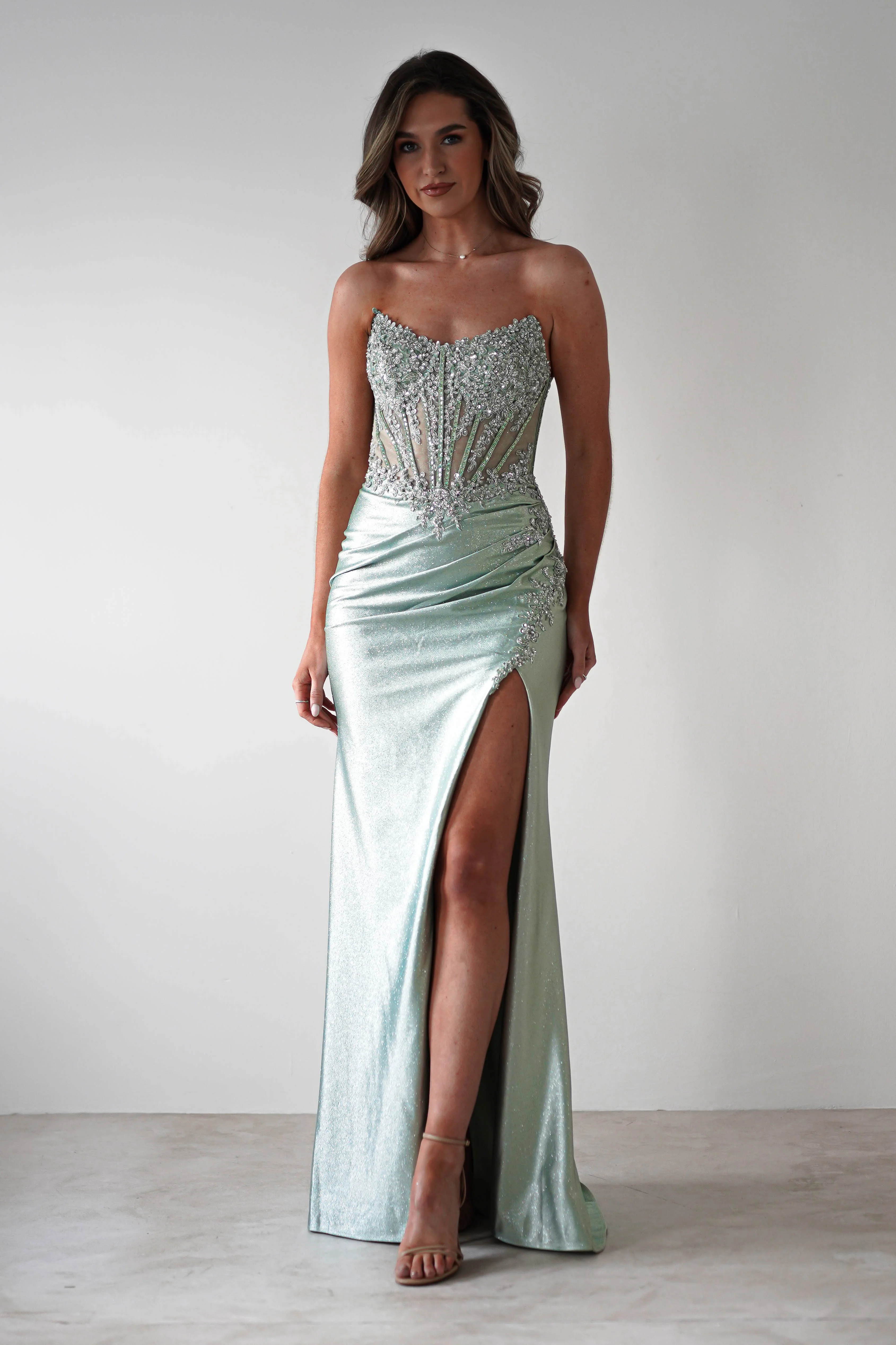Luxury Sage Green Satin Strapless Lace Applique Corset Slit Mermaid Evening Dresses